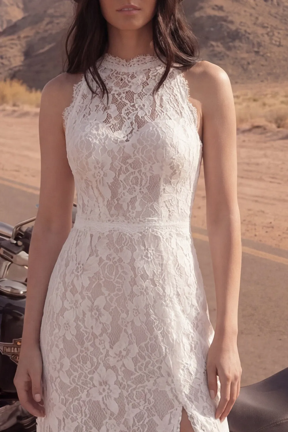 Boho Ivory Halter A Line Lace Wedding Dress with Slit sold by Wedtrend product image thumbnail 3