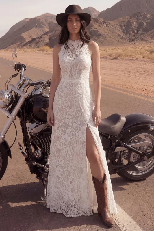 Boho Ivory Halter A Line Lace Wedding Dress with Slit made by Wedtrend