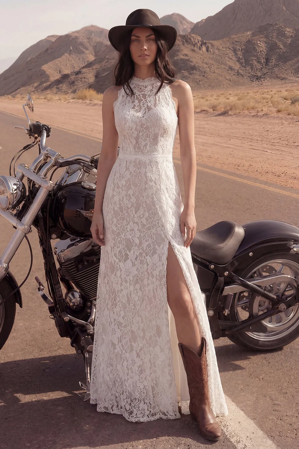 Boho Ivory Halter A Line Lace Wedding Dress with Slit sold by Wedtrend