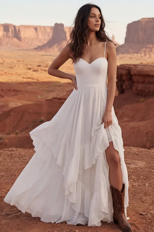 Ivory A Line Spaghetti Straps Slit Wedding Dress with Ruffles made by Wedtrend