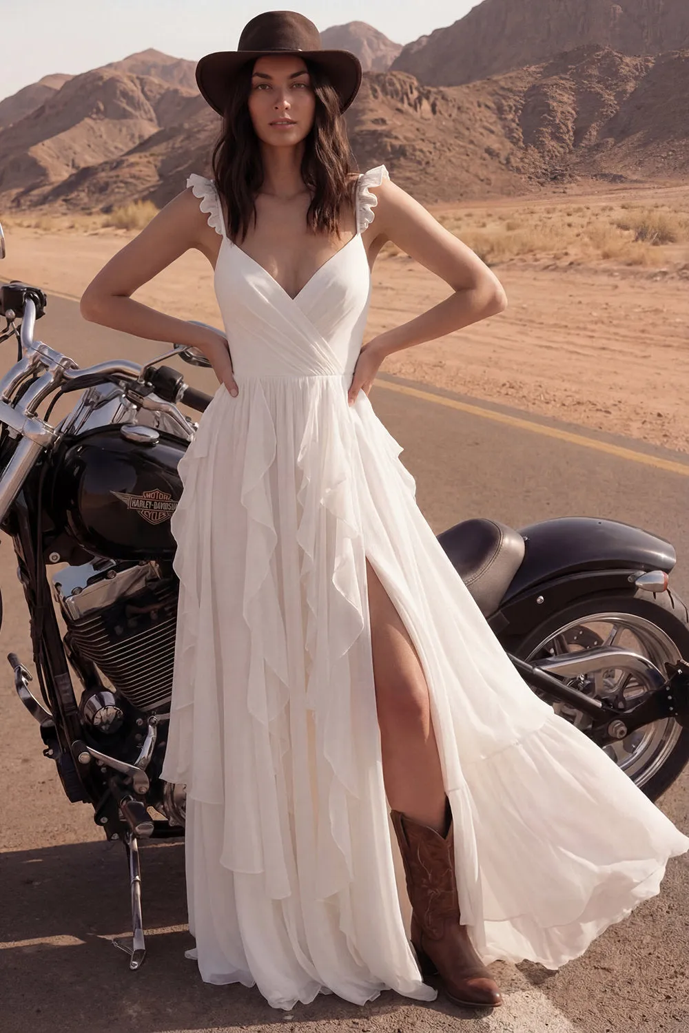 Ivory A Line Ruffled Long Wedding Dress with Slit sold by Wedtrend