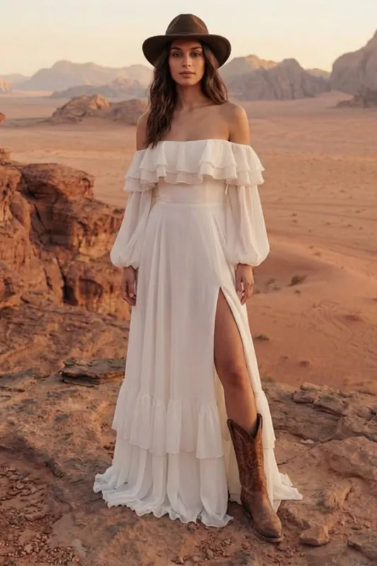 Off the Shoulder Ivory Ruffled A Line Long Sleeve Wedding Dress with Slit made by Wedtrend