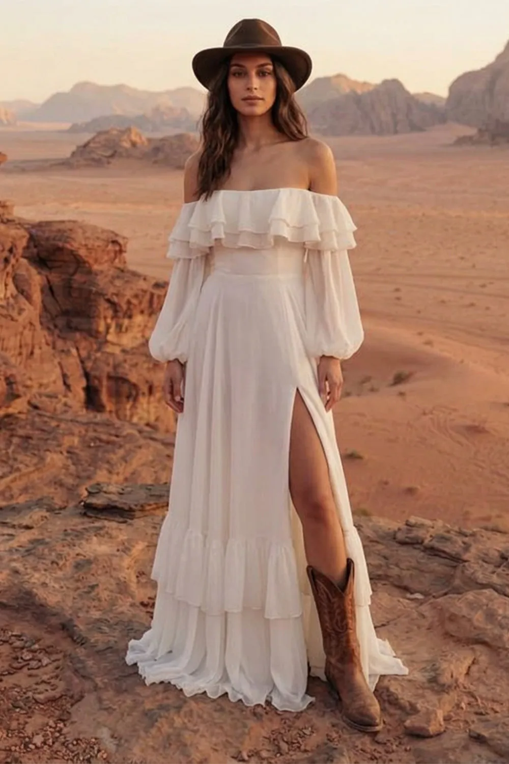 Off the Shoulder Ivory Ruffled A Line Long Sleeve Wedding Dress with Slit sold by Wedtrend