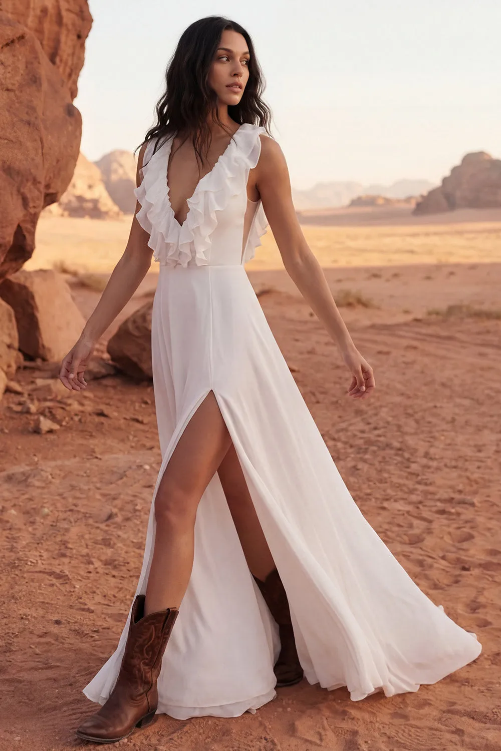 Ivory Ruffled V Neck A Line Wedding Dress with Slit sold by Wedtrend product image thumbnail 3