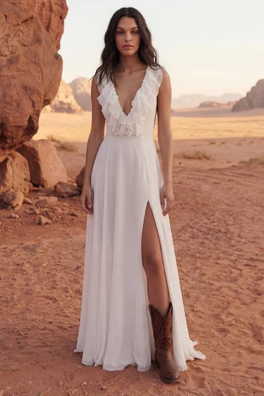 Ivory Ruffled V Neck A Line Wedding Dress with Slit made by Wedtrend
