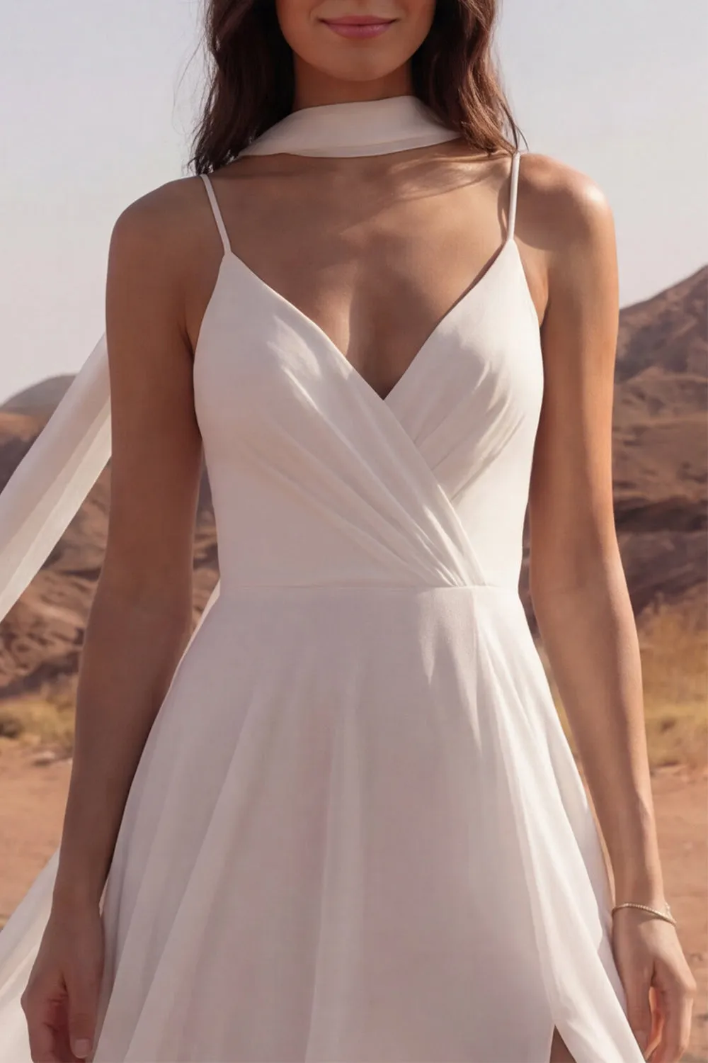 Ivory A Line Spaghetti Straps Maxi Wedding Dress with Sash sold by Wedtrend product image thumbnail 3