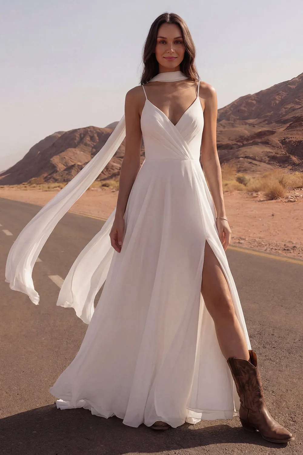 Ivory A Line Spaghetti Straps Maxi Wedding Dress with Sash sold by Wedtrend