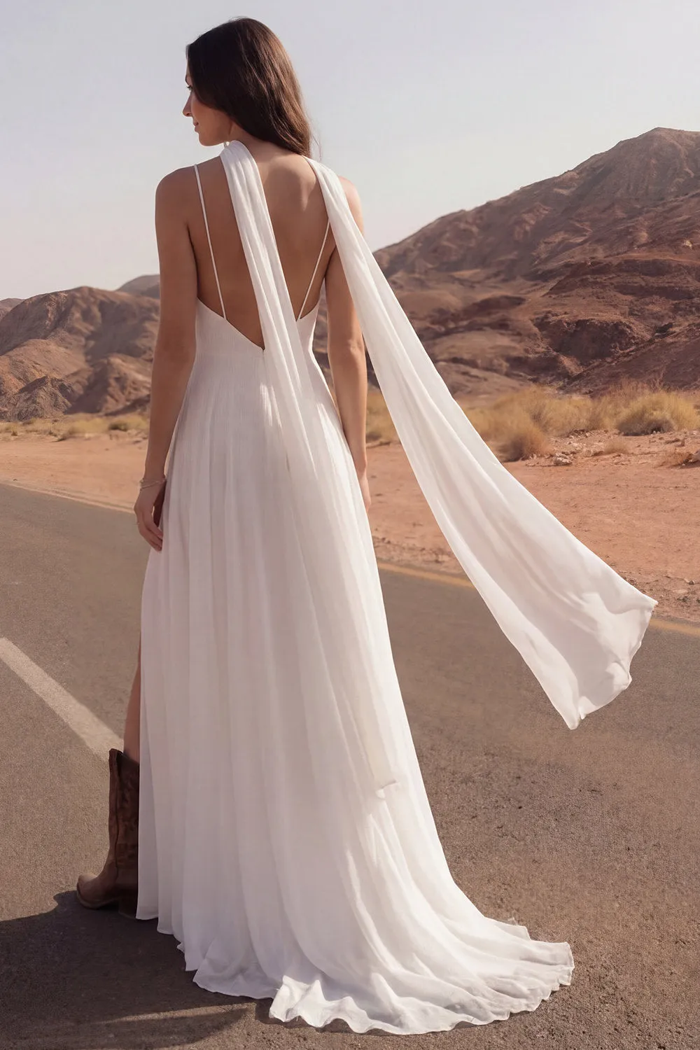 Ivory A Line Spaghetti Straps Maxi Wedding Dress with Sash sold by Wedtrend product image thumbnail 2