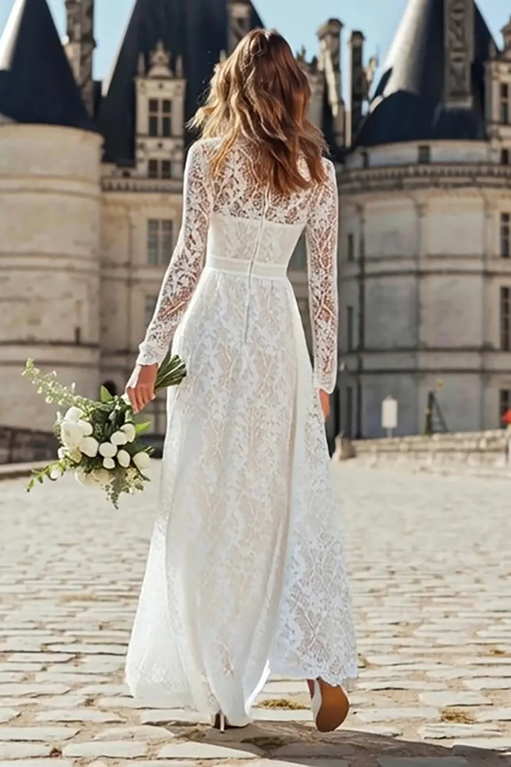 Boho Ivory A-Line Lace Long Sleeve Wedding Dress sold by Wedtrend product image thumbnail 2