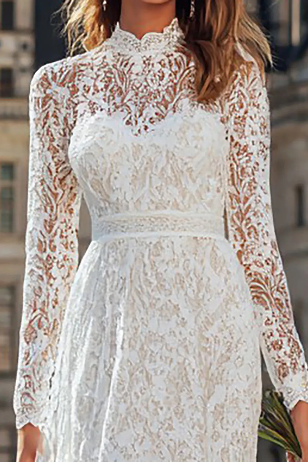 Boho Ivory A-Line Lace Long Sleeve Wedding Dress sold by Wedtrend product image thumbnail 3