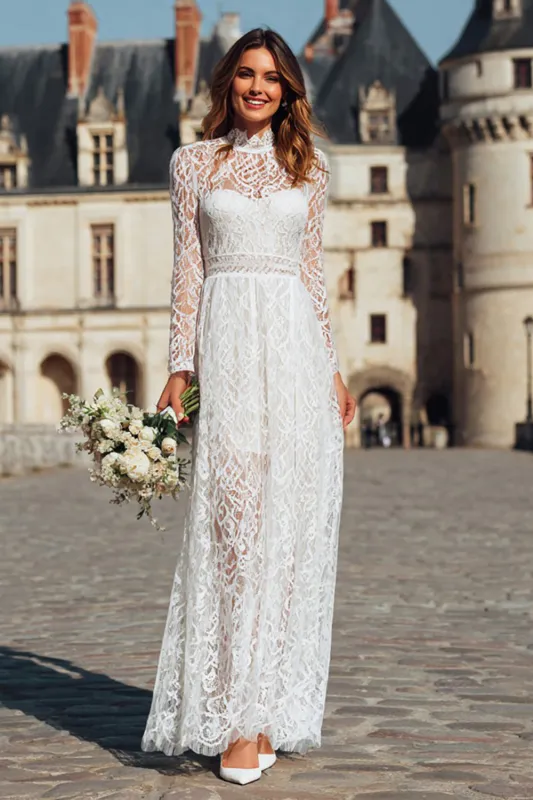 Lace Ivory A-Line Boho Wedding Dress With Long Sleeves made by Wedtrend