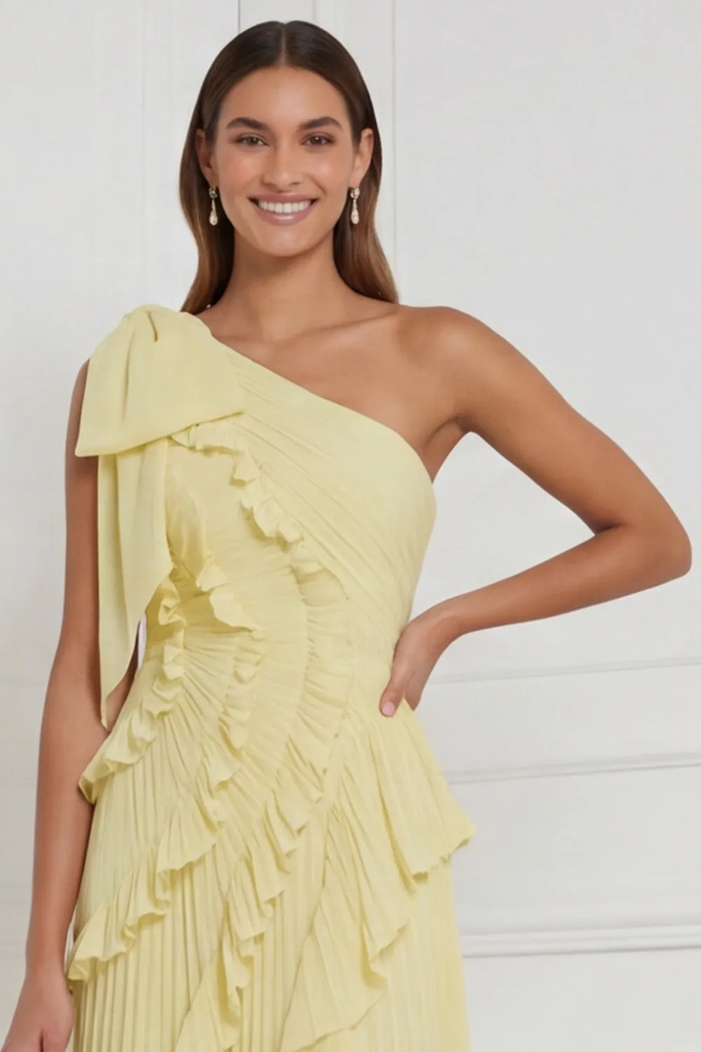 Daffodil One Shoulder Pleated A Line Ruffled Bridesmaid Dress sold by Wedtrend product image thumbnail 4