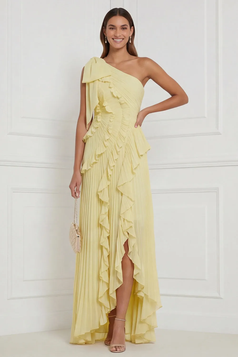 Daffodil One Shoulder Pleated A Line Ruffled Bridesmaid Dress sold by Wedtrend