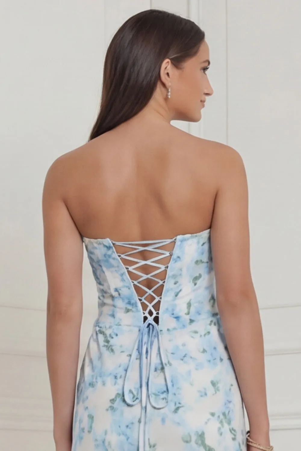 Strapless Corset Blue White Flower Bridesmaid Dress with Lace-up Back sold by Wedtrend product image thumbnail 5