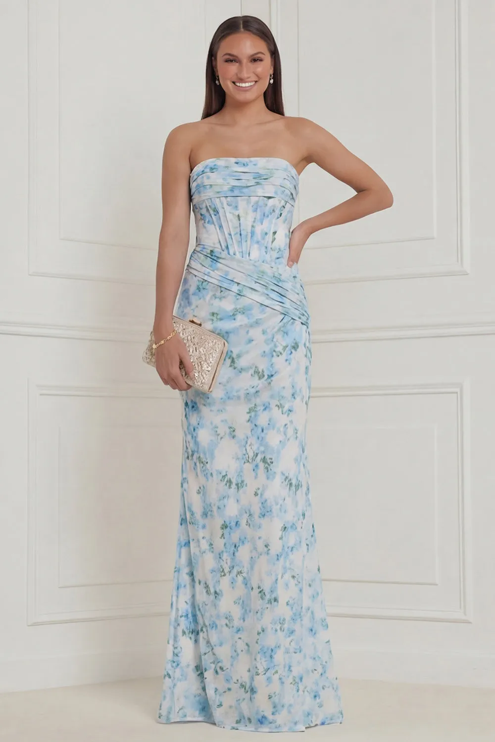 Strapless Corset Blue White Flower Bridesmaid Dress with Lace-up Back sold by Wedtrend