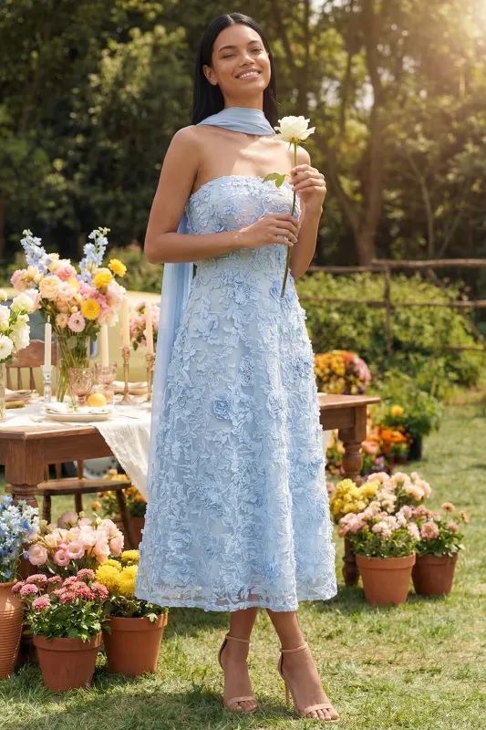 Strapless Blue Appliqued A Line Midi Wedding Guest Dress made by Wedtrend