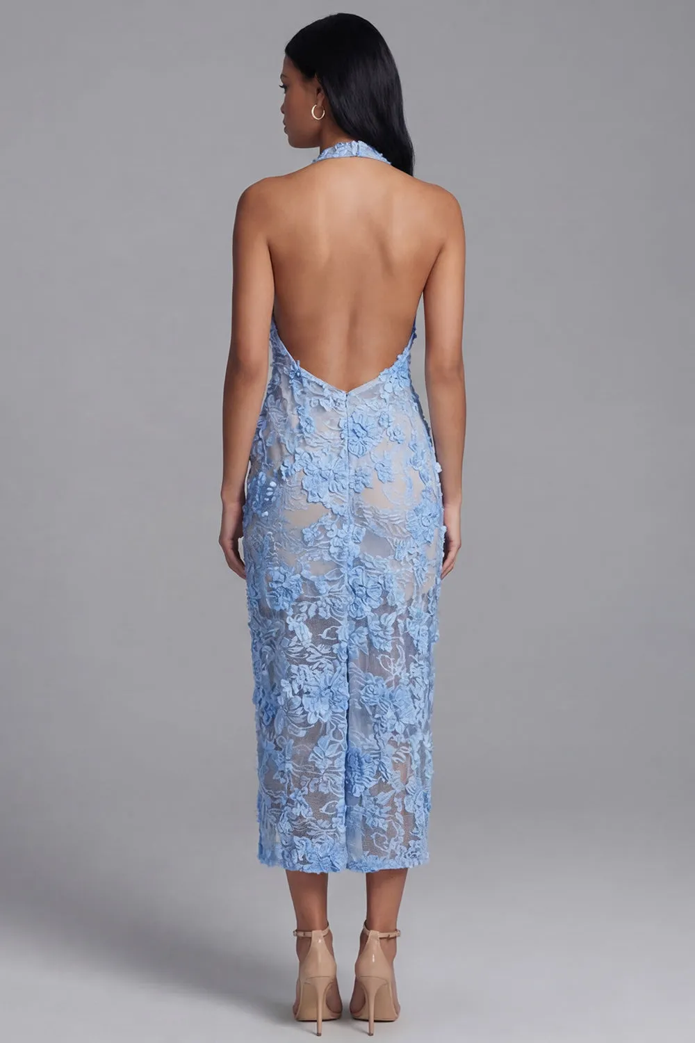 Halter Blue Appliqued Sheath Midi Wedding Guest Dress sold by Wedtrend product image thumbnail 2