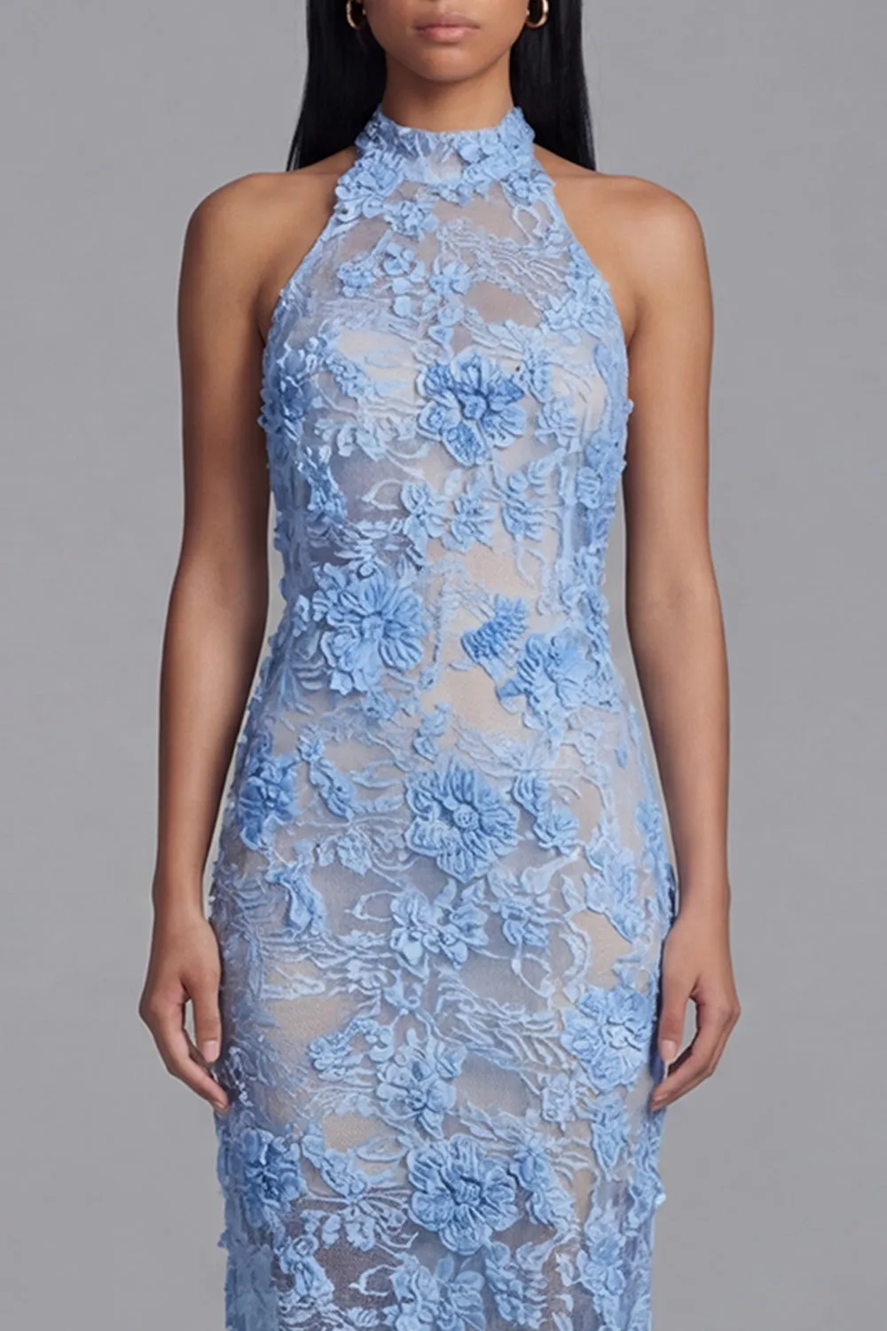 Halter Blue Appliqued Sheath Midi Wedding Guest Dress sold by Wedtrend product image thumbnail 3