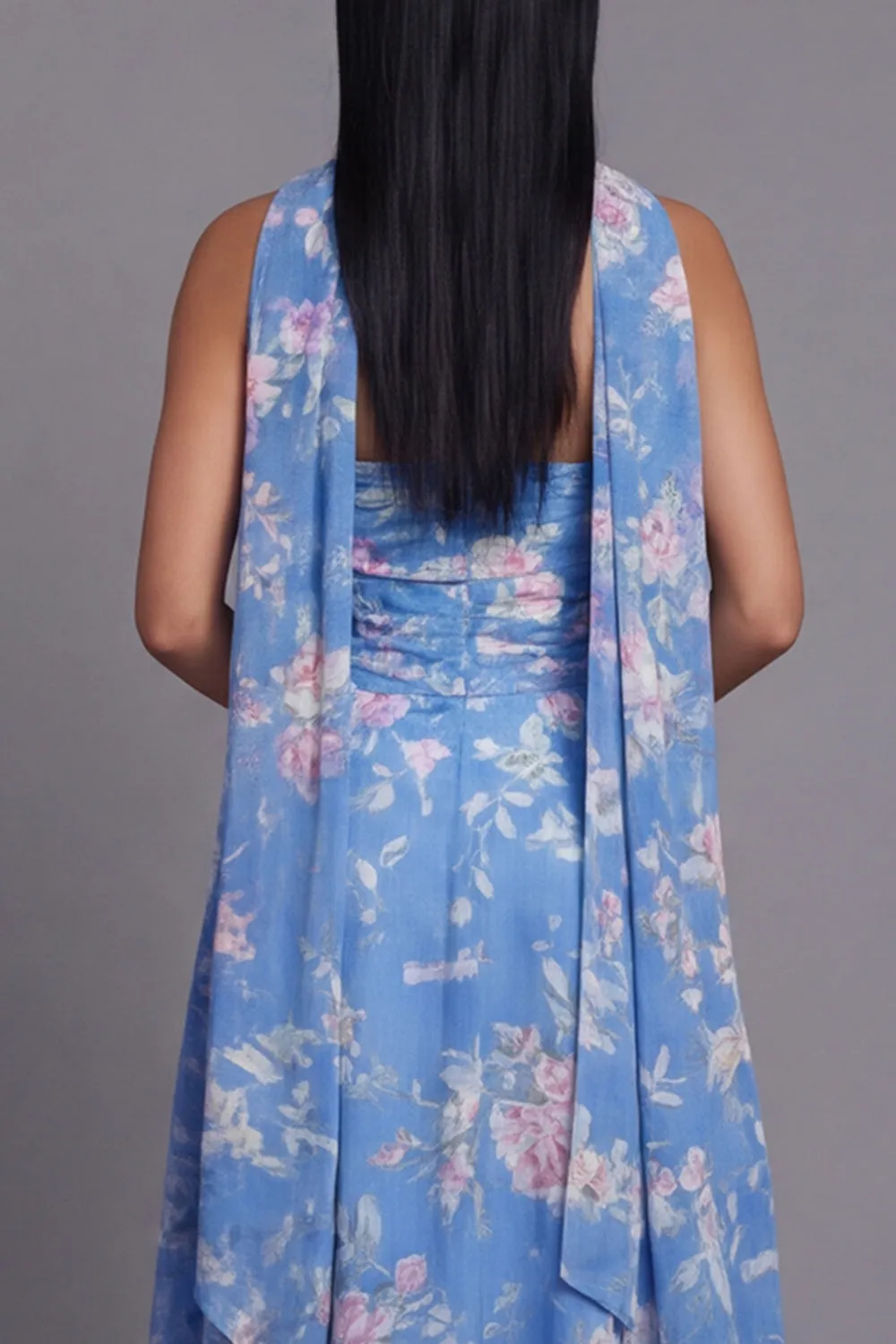 Strapless Blue Floral Ruched A Line Midi Wedding Guest Dress with Sash sold by Wedtrend product image thumbnail 4