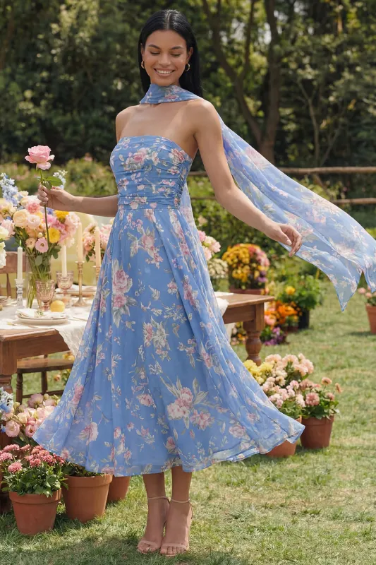 Strapless Blue Floral Ruched A Line Midi Wedding Guest Dress with Sash made by Wedtrend