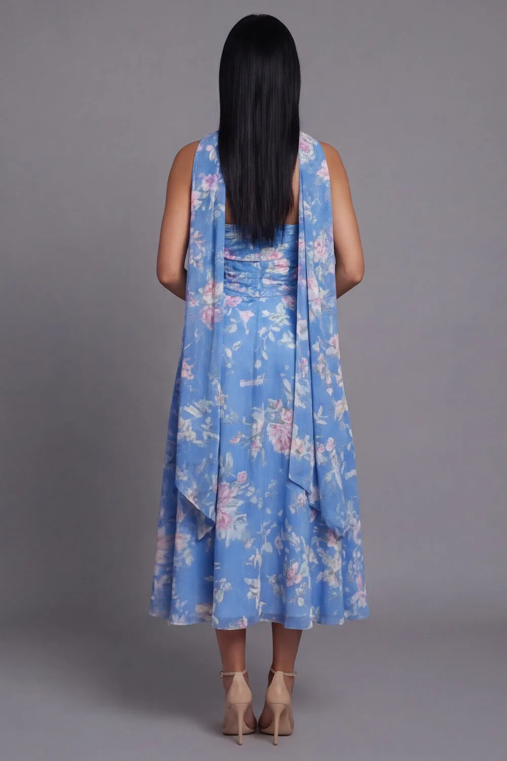 Strapless Blue Floral Ruched A Line Midi Wedding Guest Dress with Sash sold by Wedtrend product image thumbnail 2