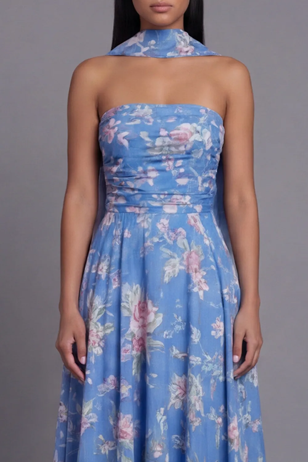 Strapless Blue Floral Ruched A Line Midi Wedding Guest Dress with Sash sold by Wedtrend product image thumbnail 3