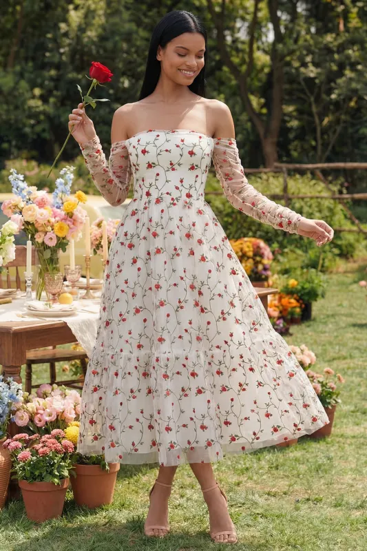 Off the Shoulder Ivory Floral A Line Wedding Guest Dress made by Wedtrend