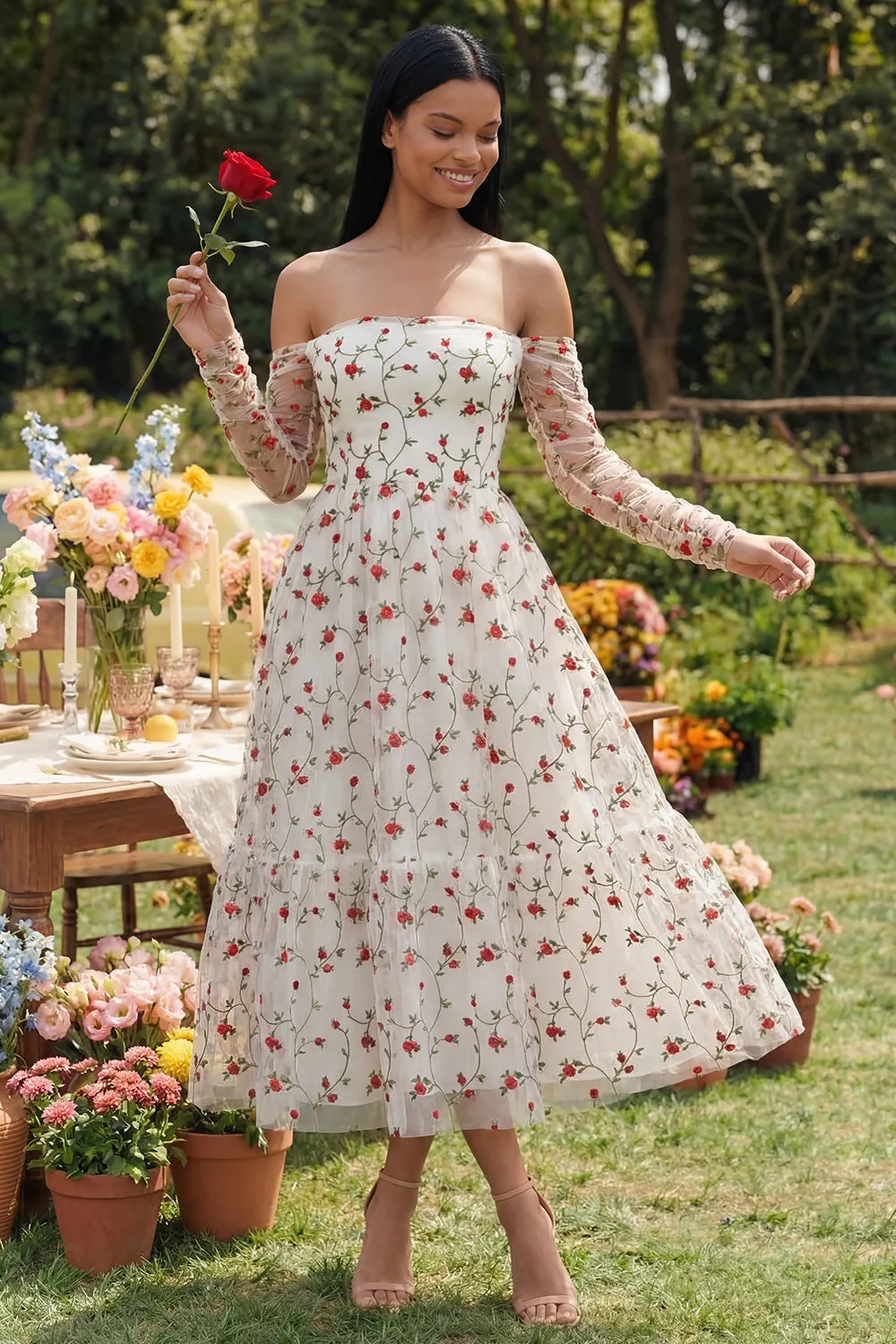 Off the Shoulder Ivory Floral A Line Wedding Guest Dress sold by Wedtrend