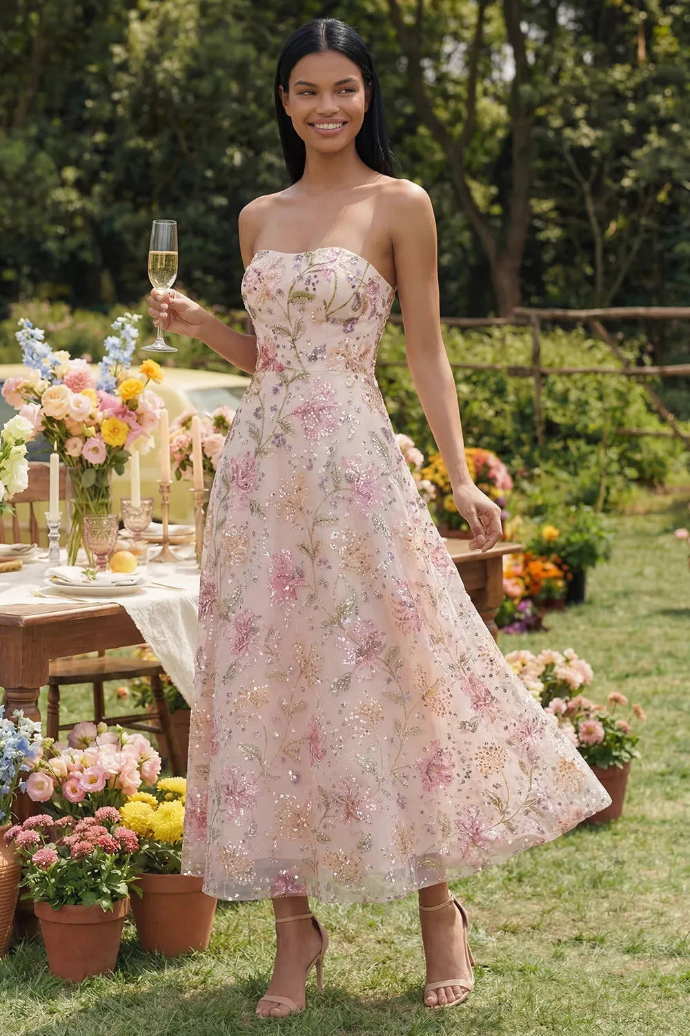 Strapless Sequin Pink Floral Wedding Guest Dress sold by Wedtrend