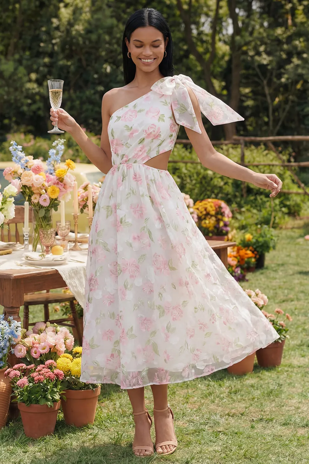 One Shoulder Bowed Cut Out Floral Pink Wedding Guest Dress sold by Wedtrend