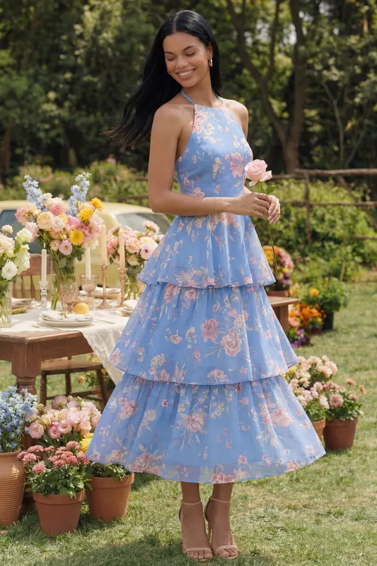 Halter Tiered A Line Floral Blue Midi Wedding Guest Dress made by Wedtrend
