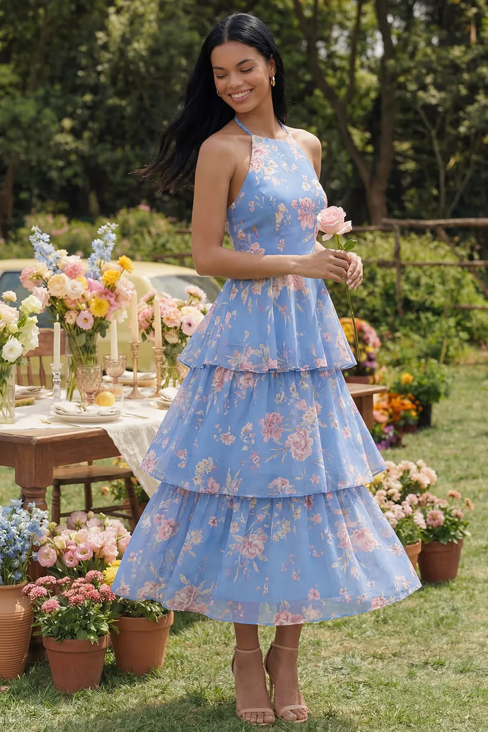 Halter Tiered A Line Floral Blue Midi Wedding Guest Dress sold by Wedtrend
