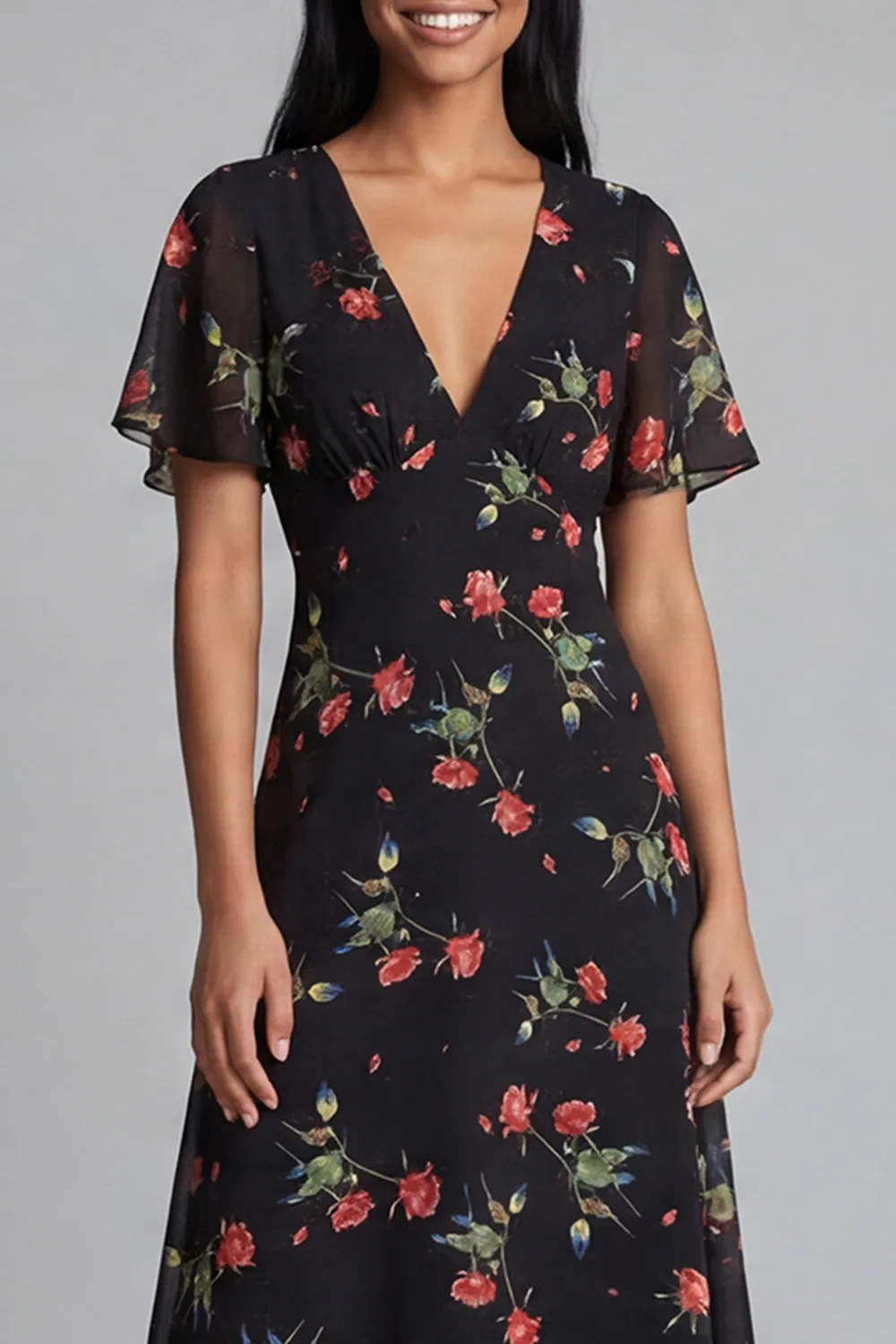 Floral Printed A Line Black Wedding Guest Dress with Short Sleeves sold by Wedtrend product image thumbnail 3