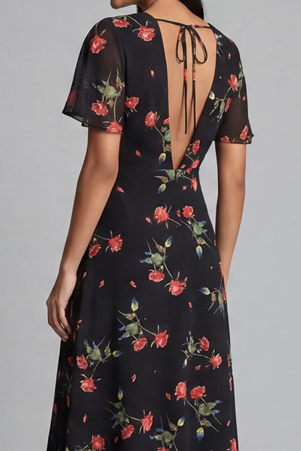 Floral Printed A Line Black Wedding Guest Dress with Short Sleeves sold by Wedtrend product image thumbnail 4
