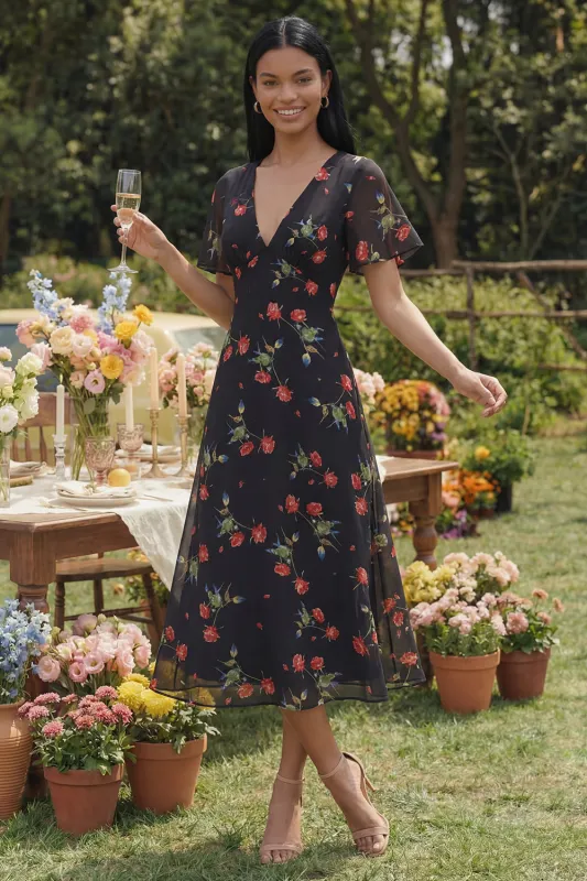 Floral Printed A Line Black Wedding Guest Dress with Short Sleeves made by Wedtrend