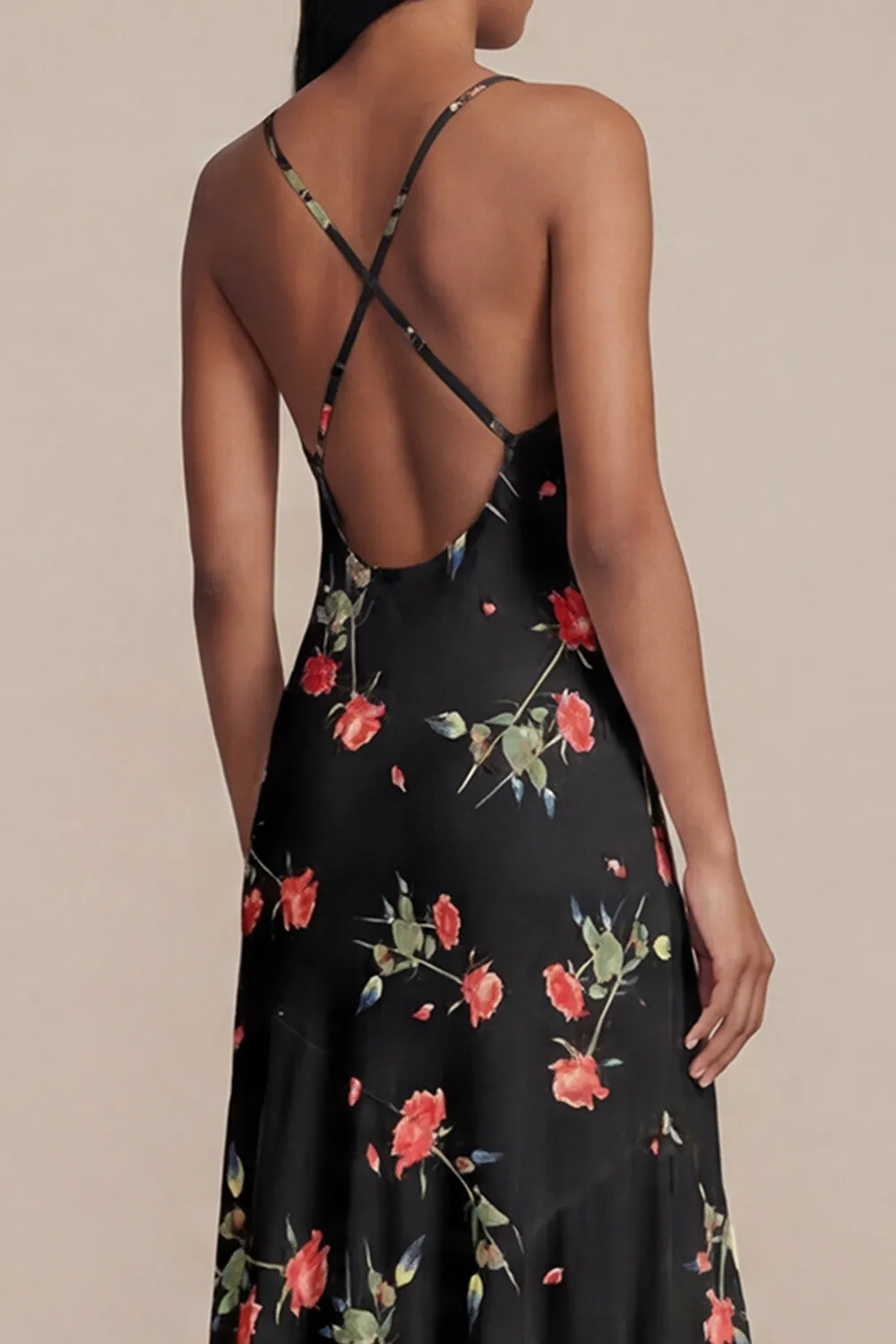 Black Floral Printed A Line V Neck Midi Wedding Guest Dress sold by Wedtrend product image thumbnail 4