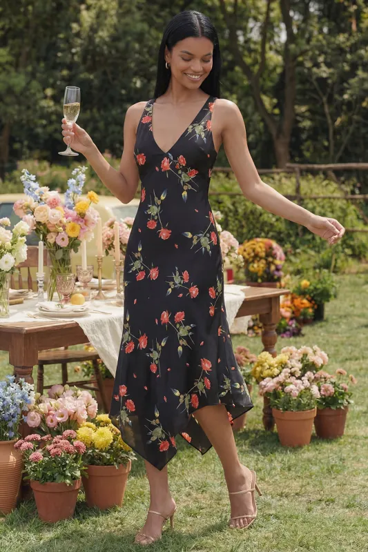 Black Floral Printed A Line V Neck Midi Wedding Guest Dress made by Wedtrend