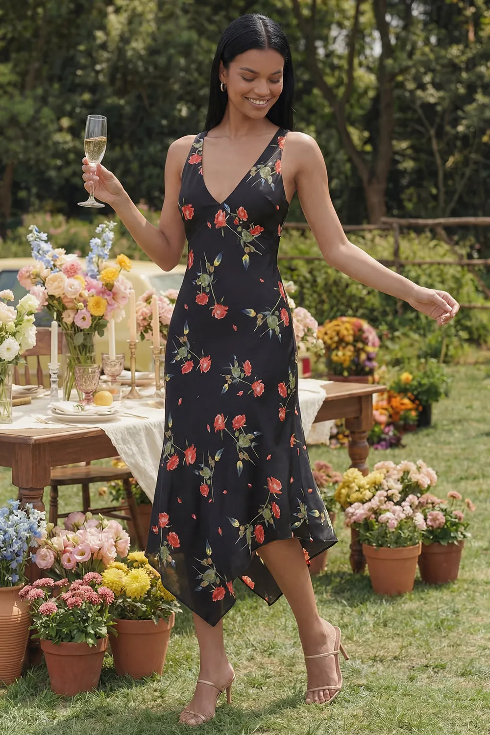 Black Floral Printed A Line V Neck Midi Wedding Guest Dress sold by Wedtrend
