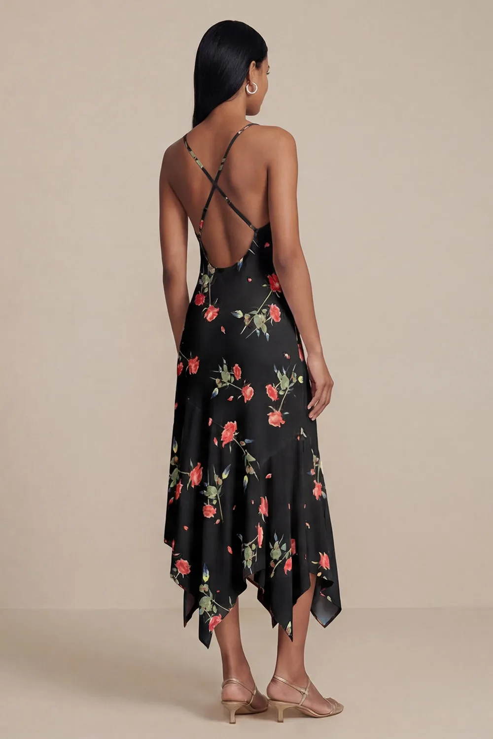 Black Floral Printed A Line V Neck Midi Wedding Guest Dress sold by Wedtrend product image thumbnail 2
