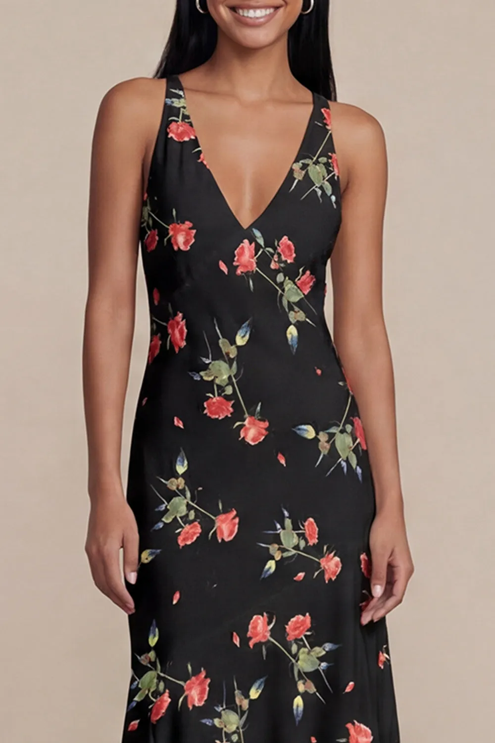 Black Floral Printed A Line V Neck Midi Wedding Guest Dress sold by Wedtrend product image thumbnail 3