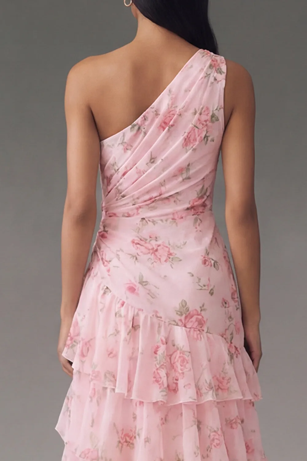 Floral Pink Tiered One Shoulder Wedding Guest Dress with Slit sold by Wedtrend product image thumbnail 4
