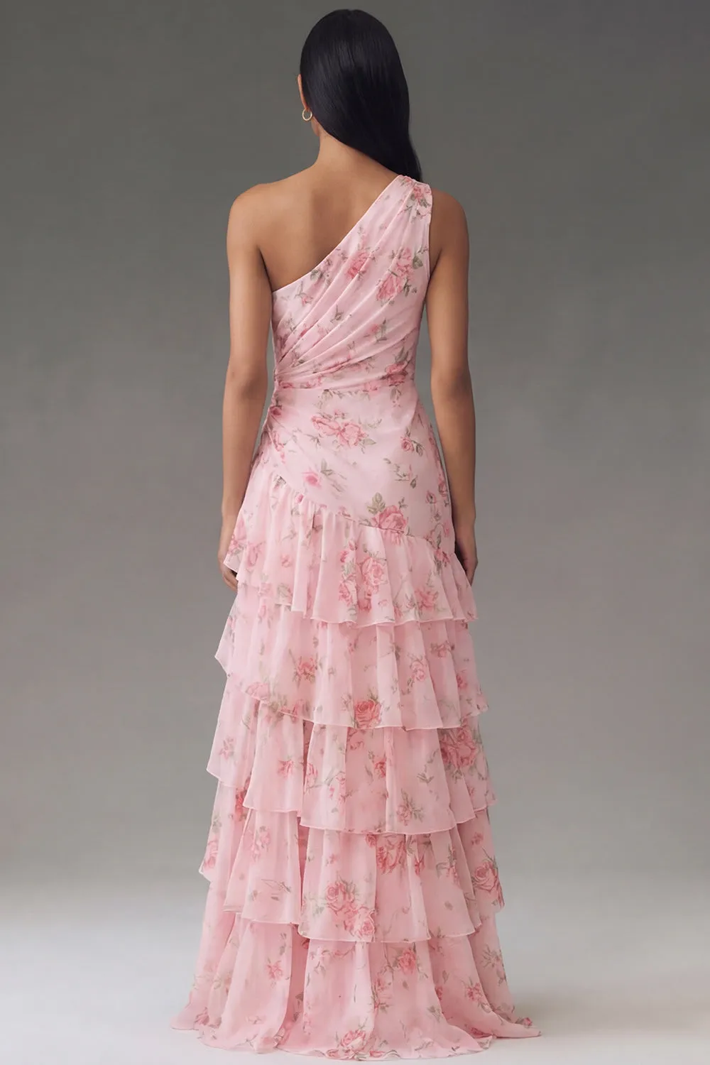 Floral Pink Tiered One Shoulder Wedding Guest Dress with Slit sold by Wedtrend product image thumbnail 2