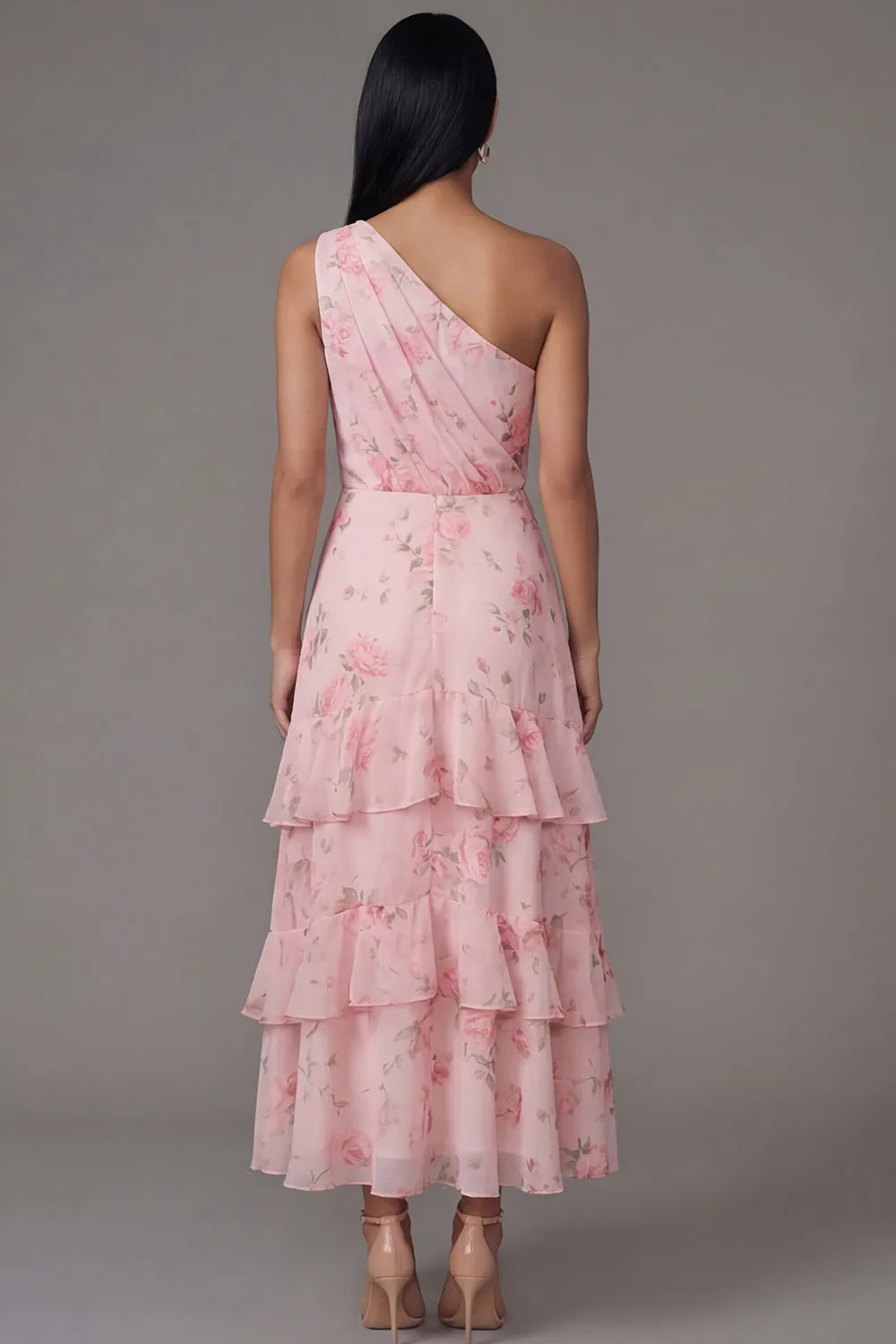 One Shoulder Floral Tiered A Line Pink Wedding Guest Dress sold by Wedtrend product image thumbnail 2