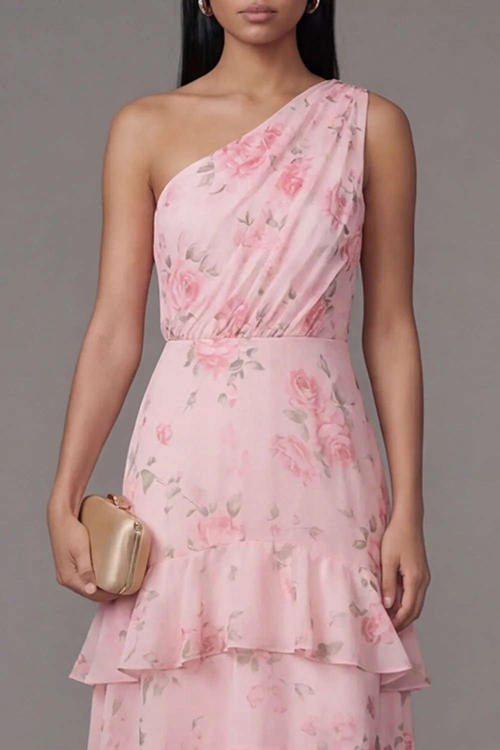 One Shoulder Floral Tiered A Line Pink Wedding Guest Dress sold by Wedtrend product image thumbnail 3