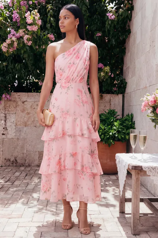 One Shoulder Floral Tiered A Line Pink Wedding Guest Dress made by Wedtrend