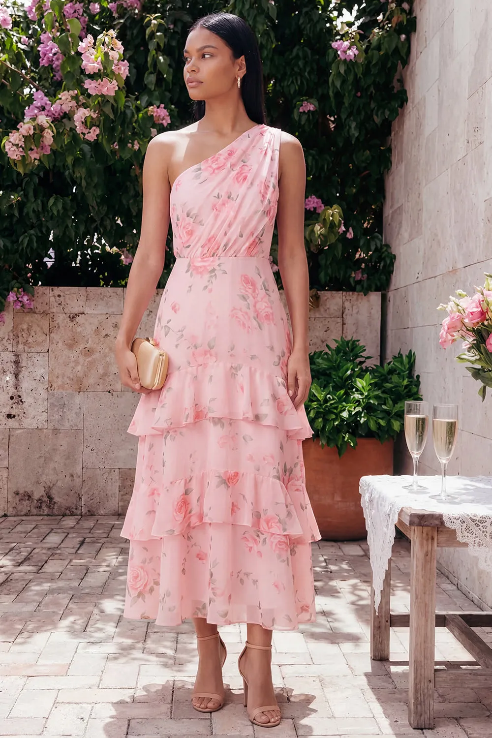 One Shoulder Floral Tiered A Line Pink Wedding Guest Dress sold by Wedtrend