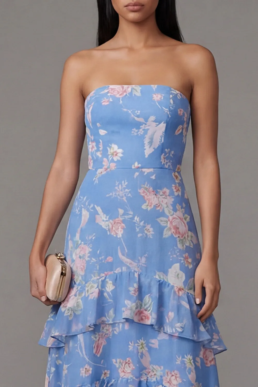 Floral Blue Strapless Tiered A Line Wedding Guest Dress sold by Wedtrend product image thumbnail 3