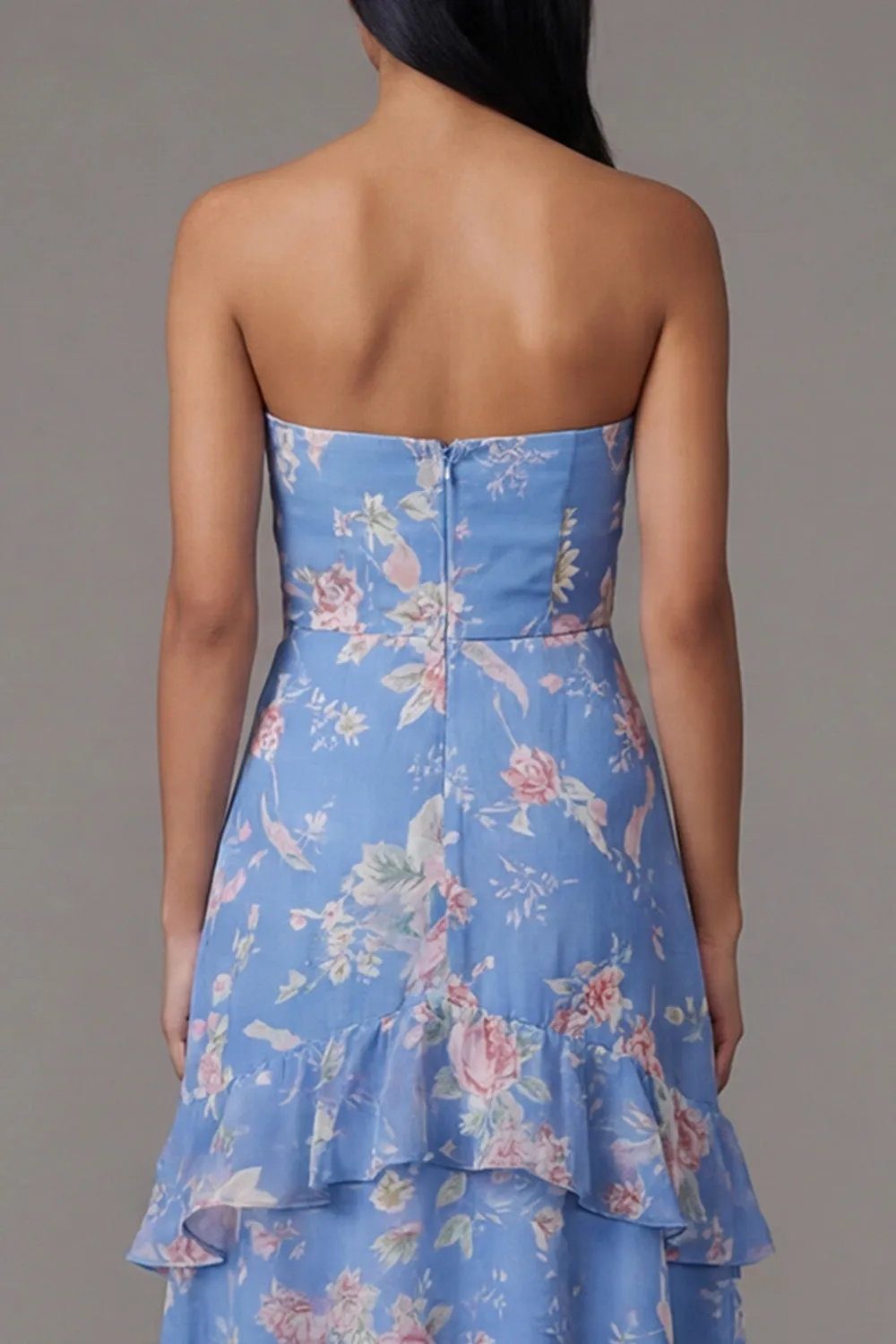 Floral Blue Strapless Tiered A Line Wedding Guest Dress sold by Wedtrend product image thumbnail 4