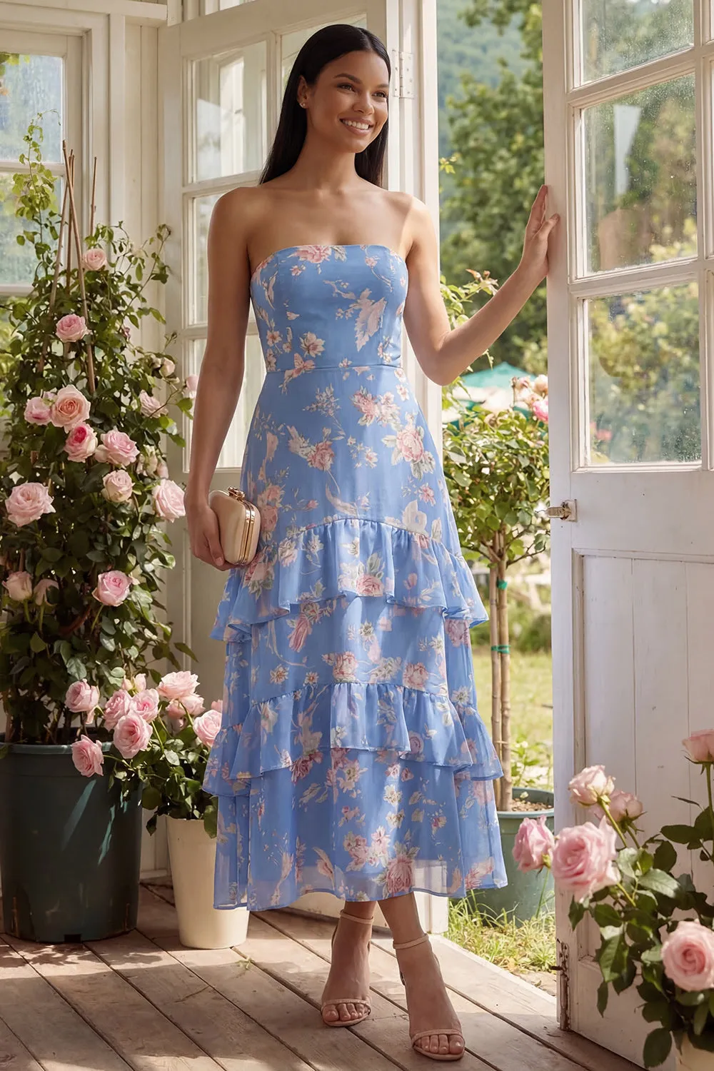 Floral Blue Strapless Tiered A Line Wedding Guest Dress sold by Wedtrend