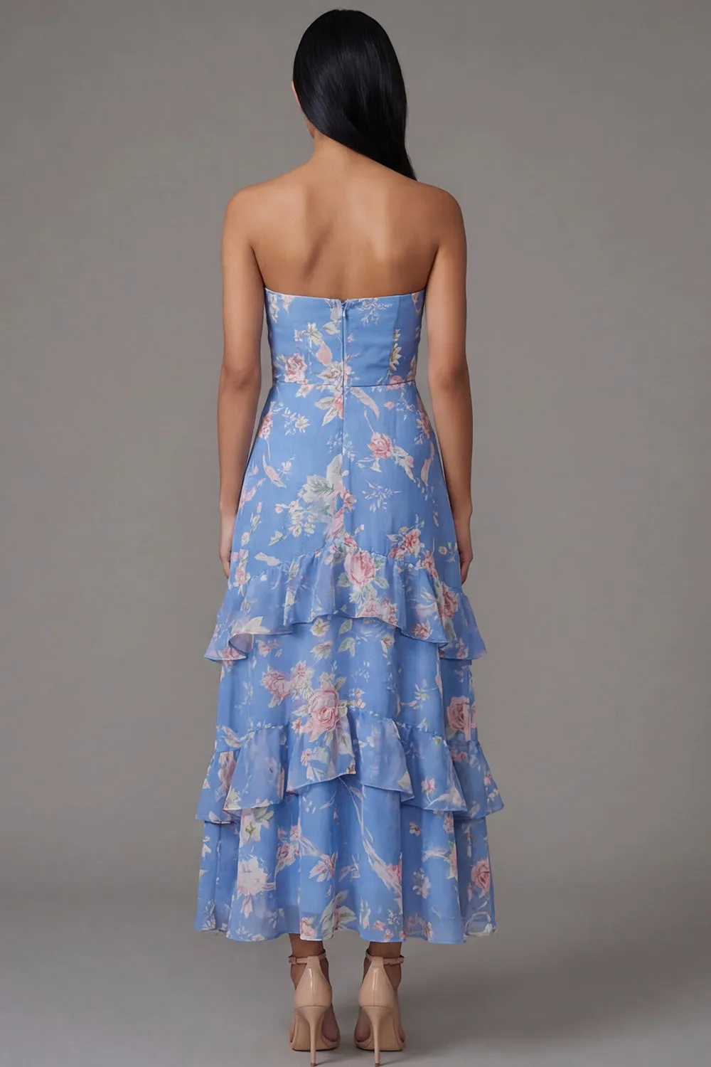 Floral Blue Strapless Tiered A Line Wedding Guest Dress sold by Wedtrend product image thumbnail 2